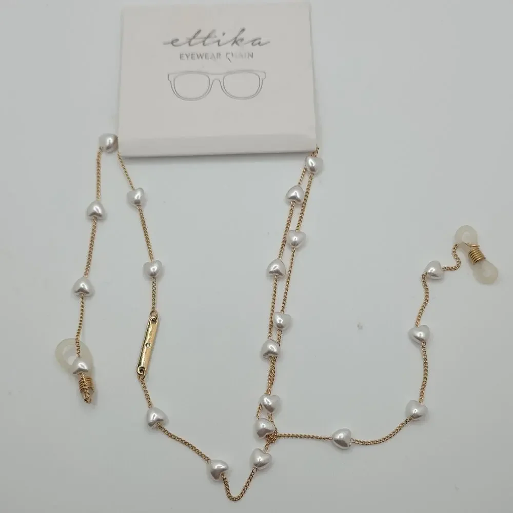 ettika Gold & White Eyewear Chain with Heart-Shaped Pearls Sunglasses Holder